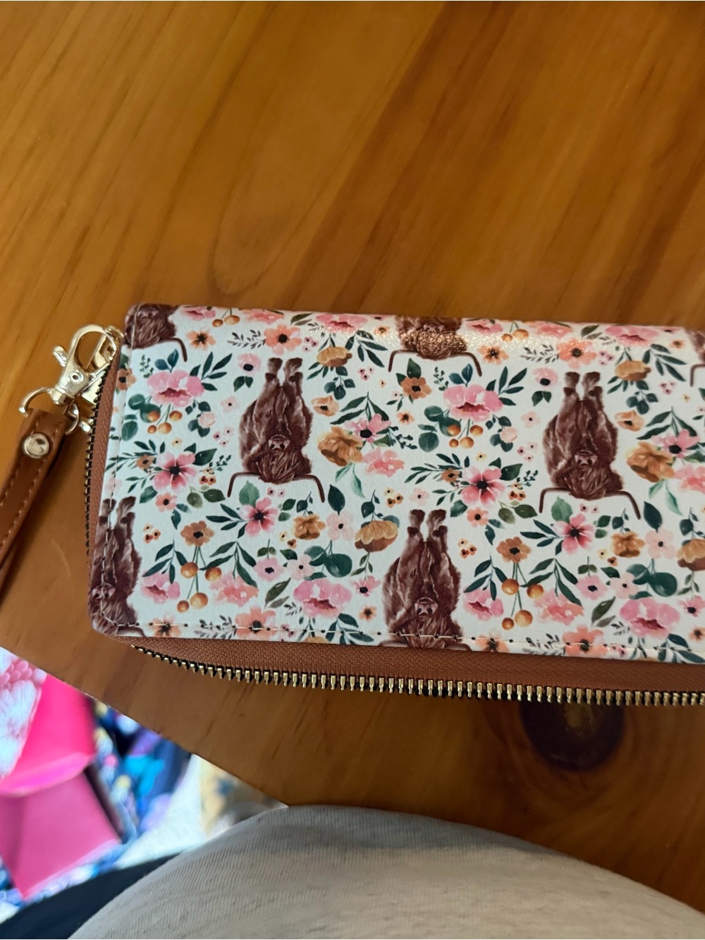 Floral Highland Cow Wristlet Clutch in White and Brown